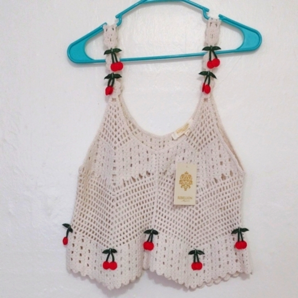 Rebellion Crochet Knit Embroidered Cherry Tank Top Size M NWT